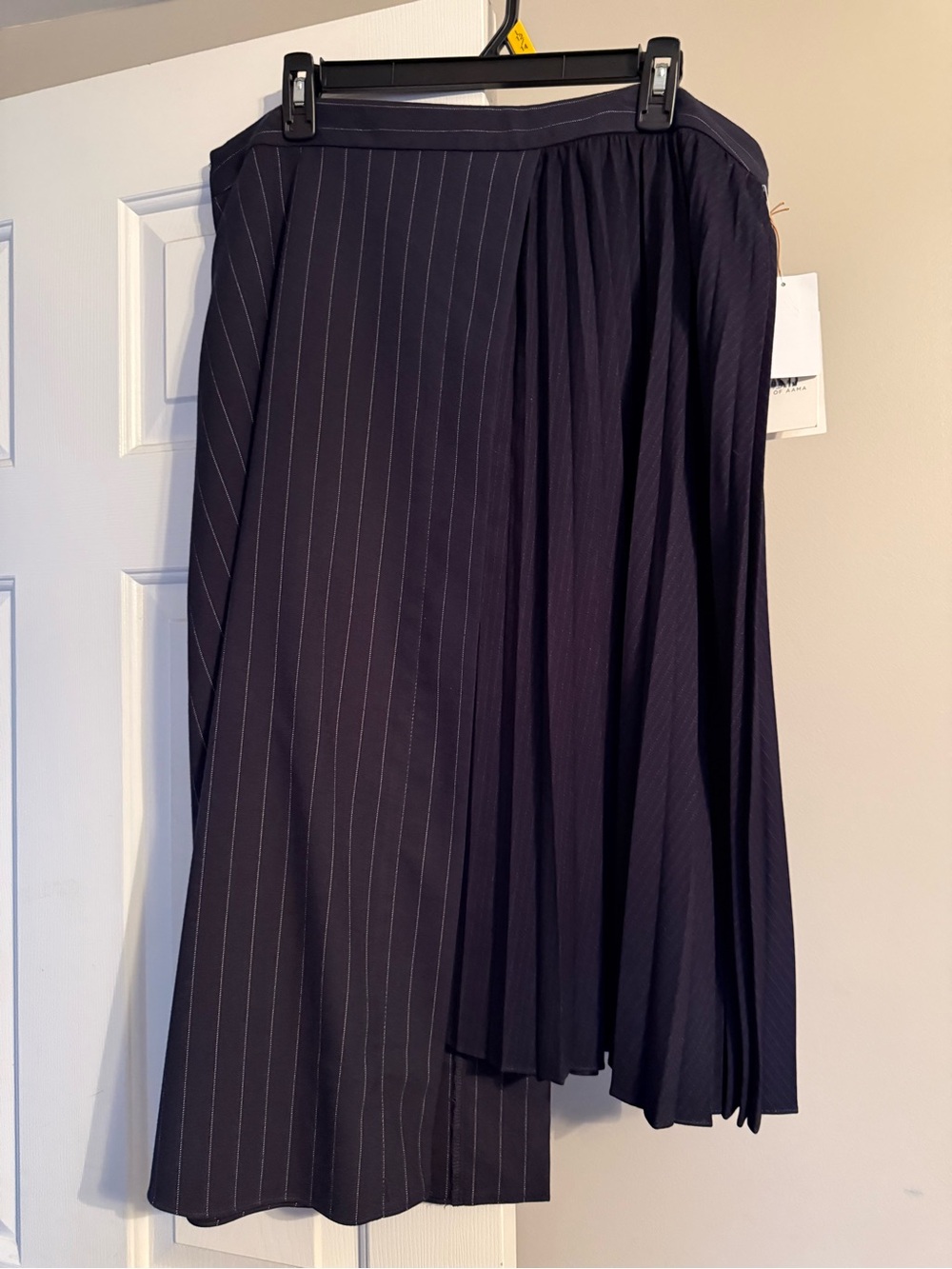 Navy Pinstripe Pleated Midi Skirt